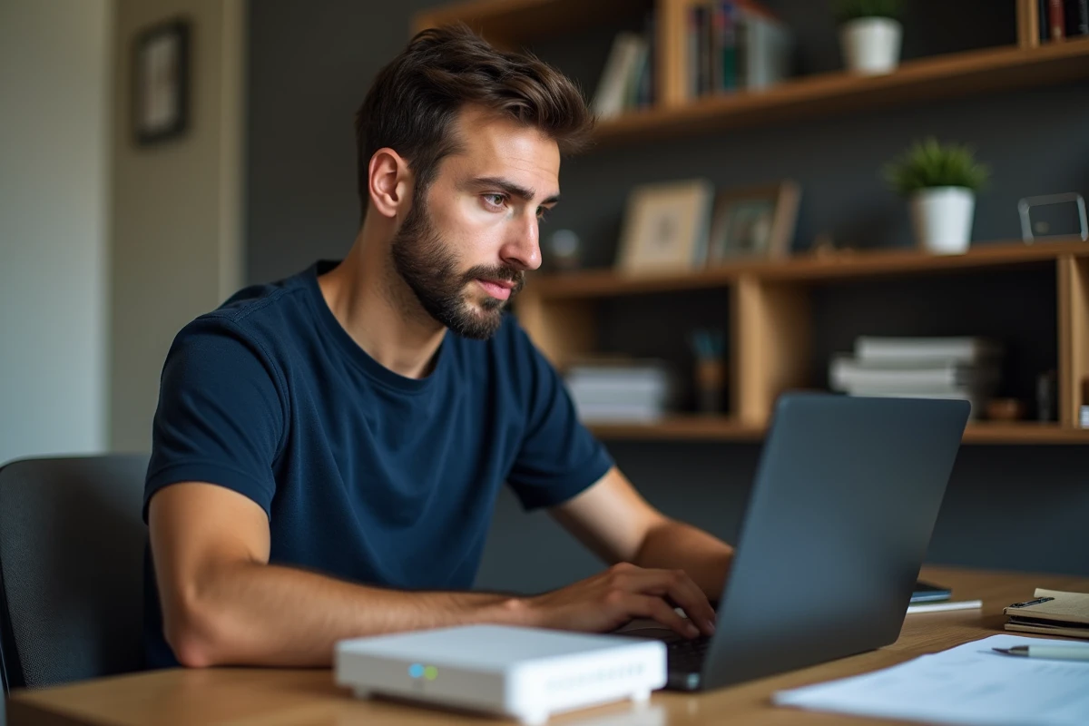 Homme sécurisant sa Freebox via l'interface mafreeboxos sur un ordinateur portable dans un bureau à domicile