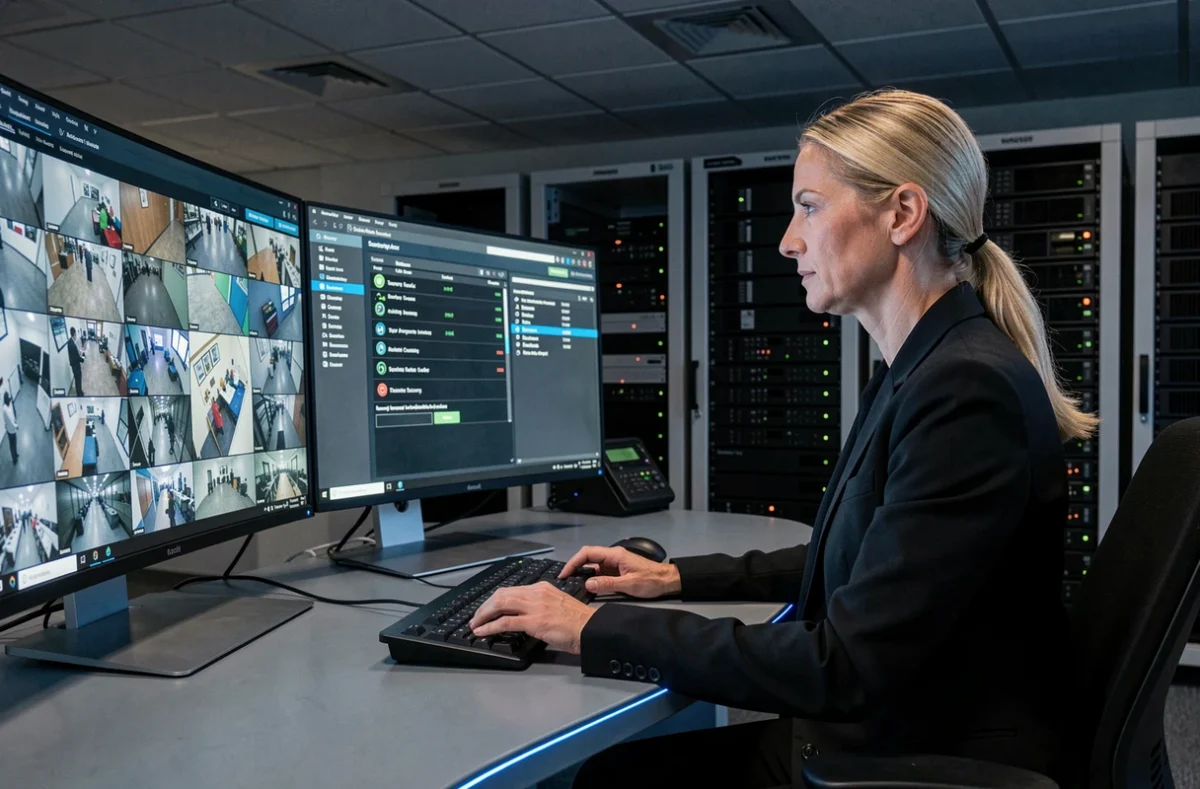 Opératrice de sécurité surveillant des flux vidéo et alertes IA sur plusieurs écrans dans un centre de sûreté connectée à Rennes pour Securitas Technology