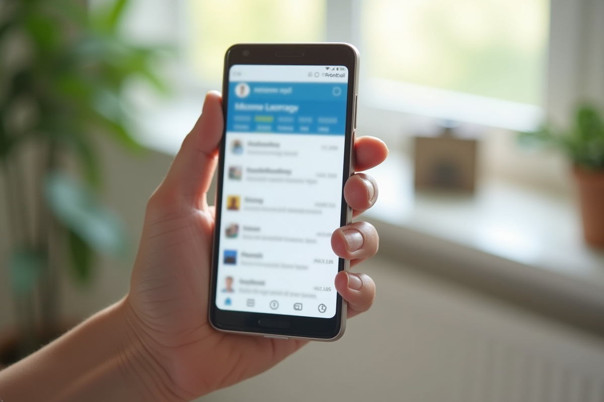Main tenant un smartphone affichant une messagerie web
