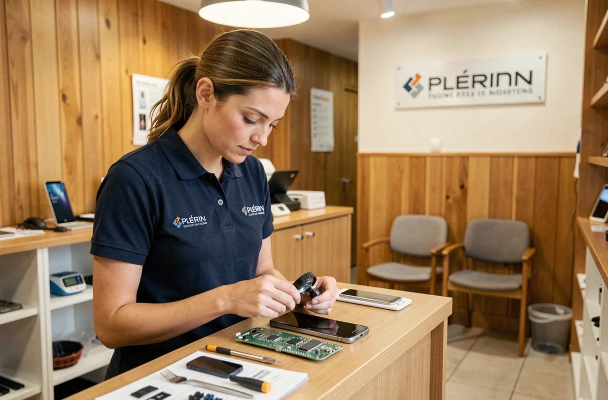 Technicienne de SOS Phone 22 à Plérin inspectant un smartphone démonté avec une loupe de précision