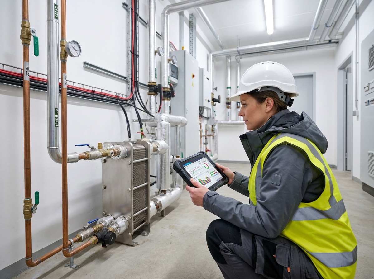 Spécialiste en optimisation énergétique analysant un échangeur à plaques dans une salle technique commerciale