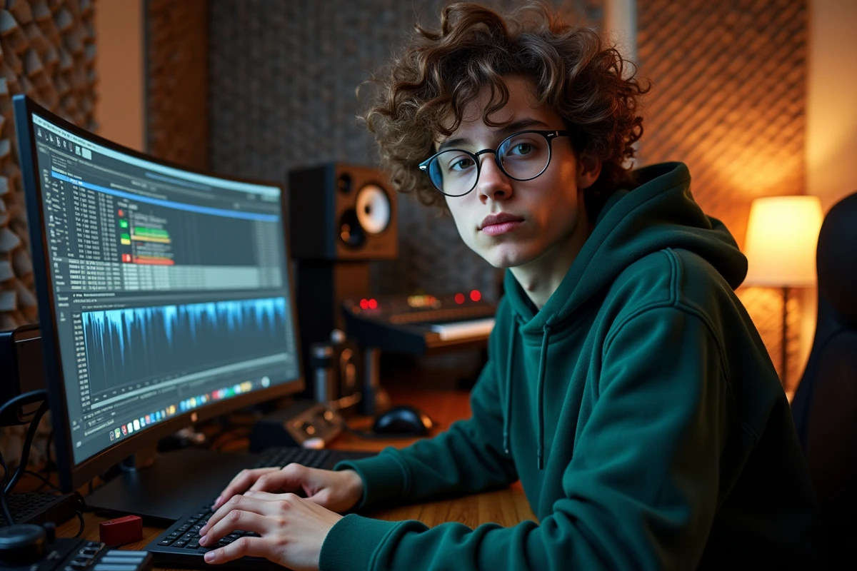 Personne en studio de musique home recording utilisant un convertisseur YouTube vers MP3 sur ordinateur
