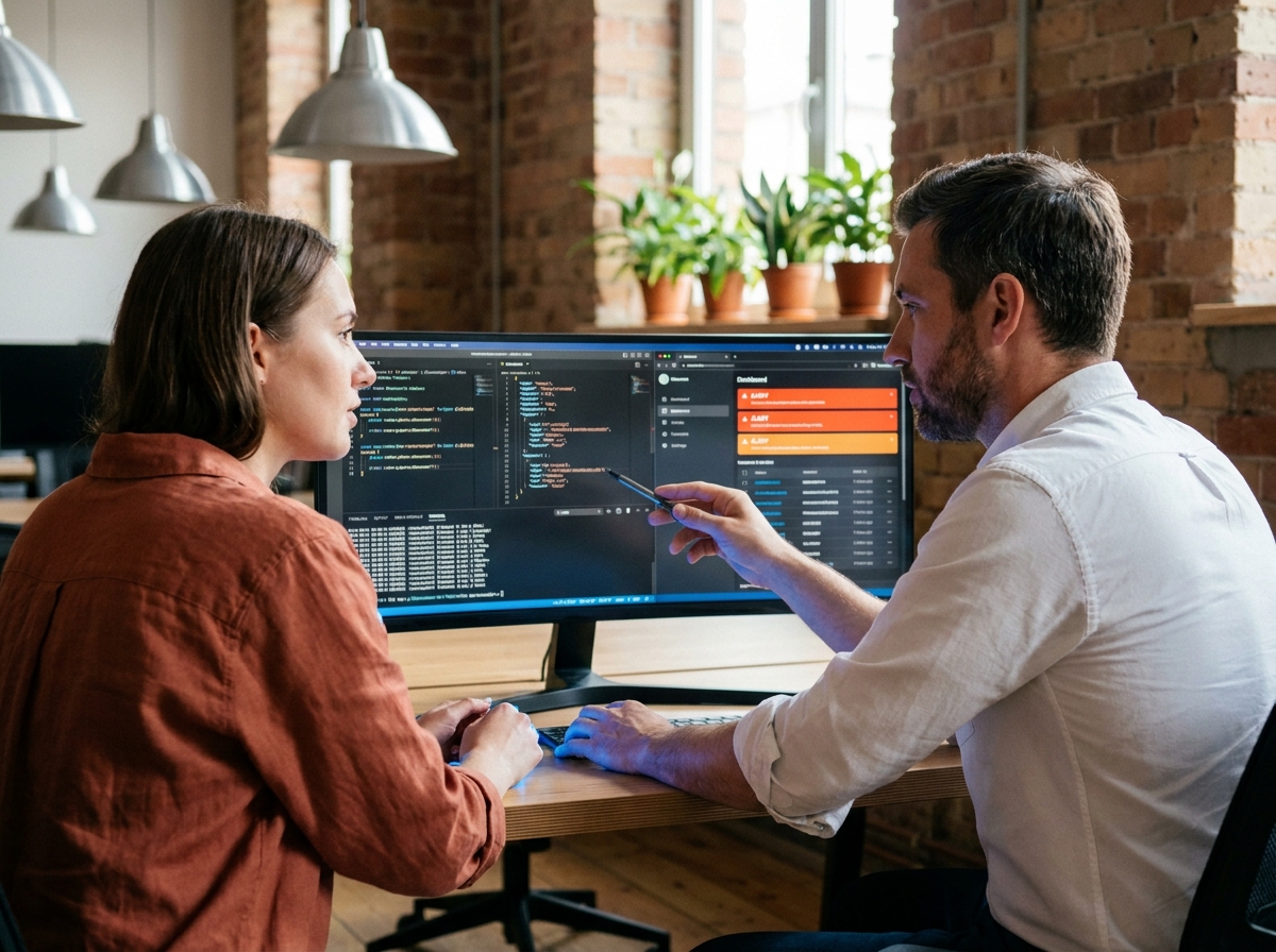 Deux développeurs analysant les logs et alertes d'agents IA en production dans un espace de coworking