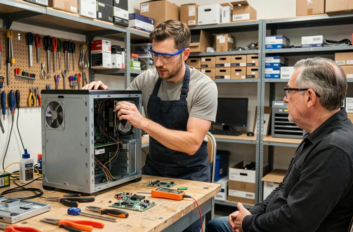 Technicien de Symbiose Informatique à Angers réparant un ordinateur de bureau ouvert sur un établi avec des outils et des composants électroniques