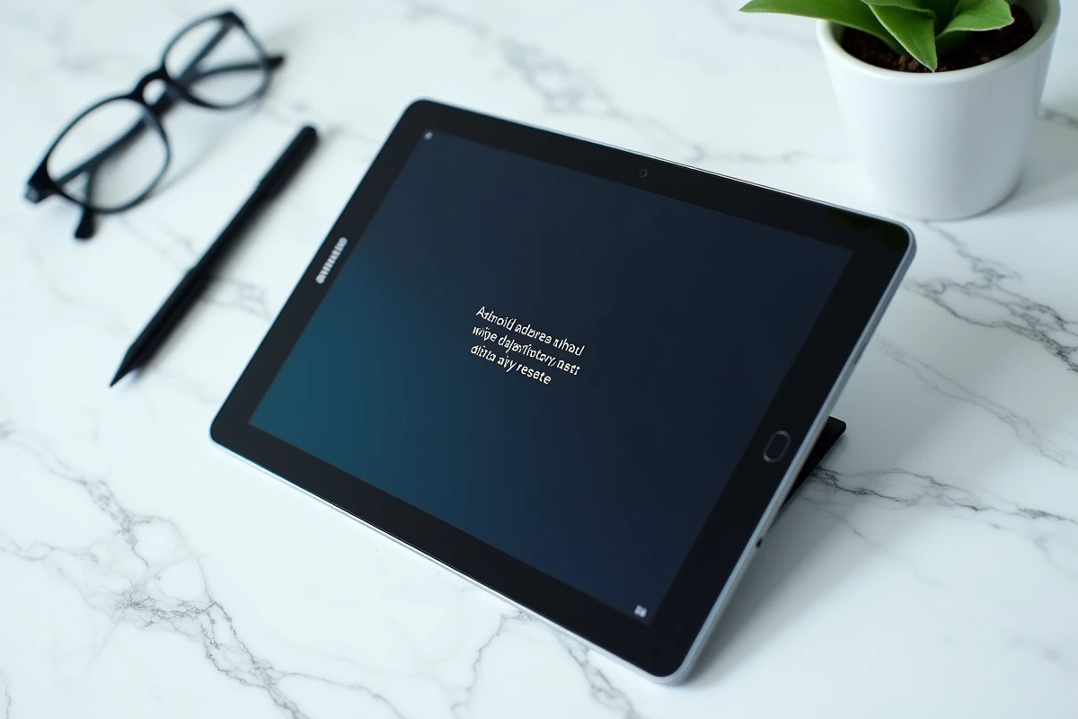 Tablette Samsung posée sur marbre affichant le menu de récupération Android pour une réinitialisation d'usine