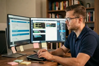 Technicien informatique analysant des logs de pare-feu et une erreur de connexion sur deux écrans dans un bureau professionnel