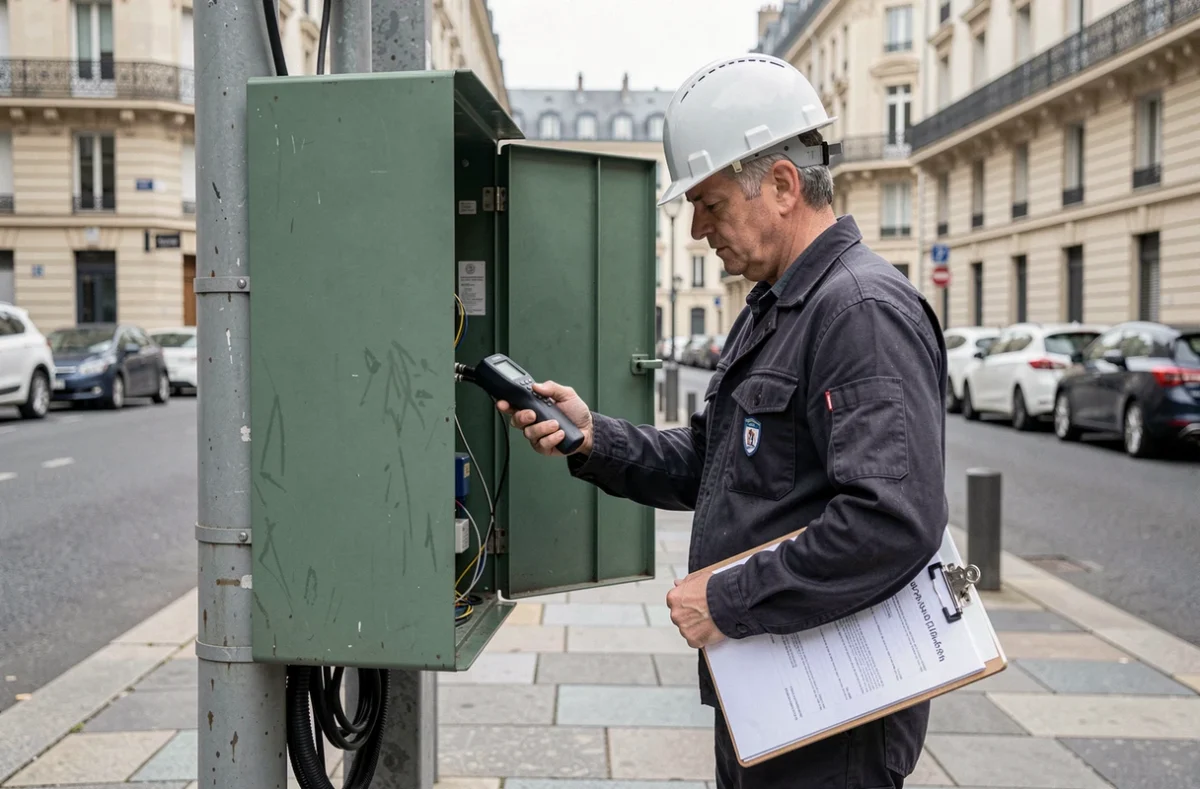 Technicien Bouygues intervenant sur une armoire de rue pour résoudre un code erreur s1 sur un réseau fibre urbain