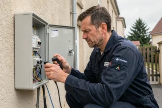 Technicien Bouygues Telecom inspectant une boîte de distribution fibre optique sur la façade d'une maison pour diagnostiquer un code erreur s1