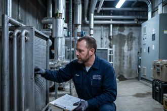 Technicien spécialisé en échangeurs thermiques inspectant une unité industrielle dans une salle mécanique