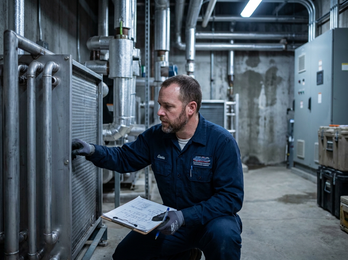 Technicien spécialisé en échangeurs thermiques inspectant une unité industrielle dans une salle mécanique