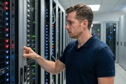 Technicien informatique professionnel inspecte des serveurs dans un datacenter du Val-d'Oise