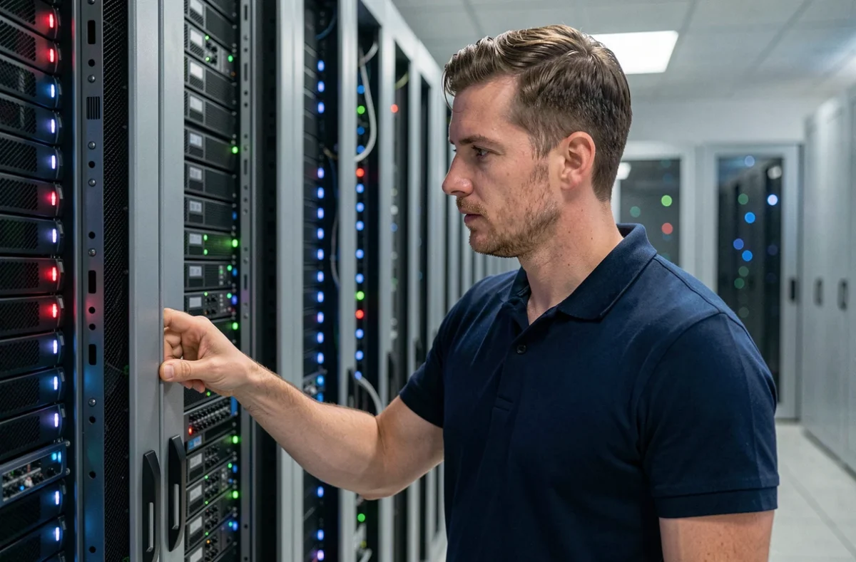Technicien informatique professionnel inspecte des serveurs dans un datacenter du Val-d'Oise