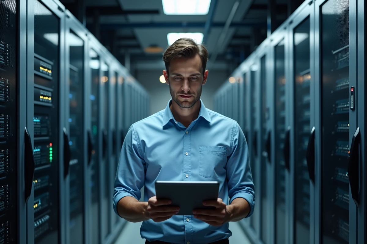 Technicien informatique dans une salle serveurs avec tablette