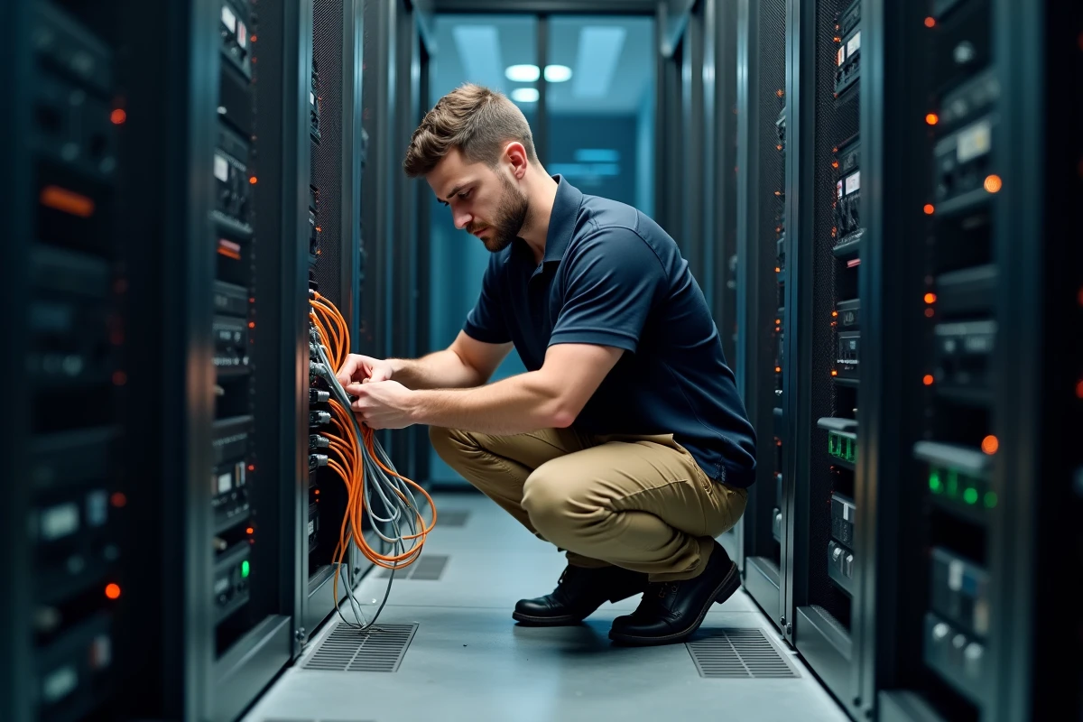 Technicien IT installant des câbles réseau dans la salle serveur d'un hôtel, représentant les enjeux d'infrastructure informatique et le choix entre un intégrateur local et une solution hôtelière spécialisée