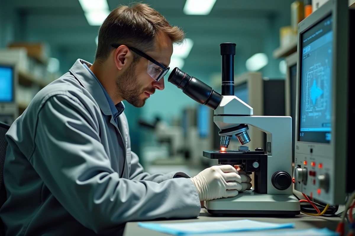 Technicien en laboratoire examinant des puces miniatures sous microscope de précision dans un centre de R&D