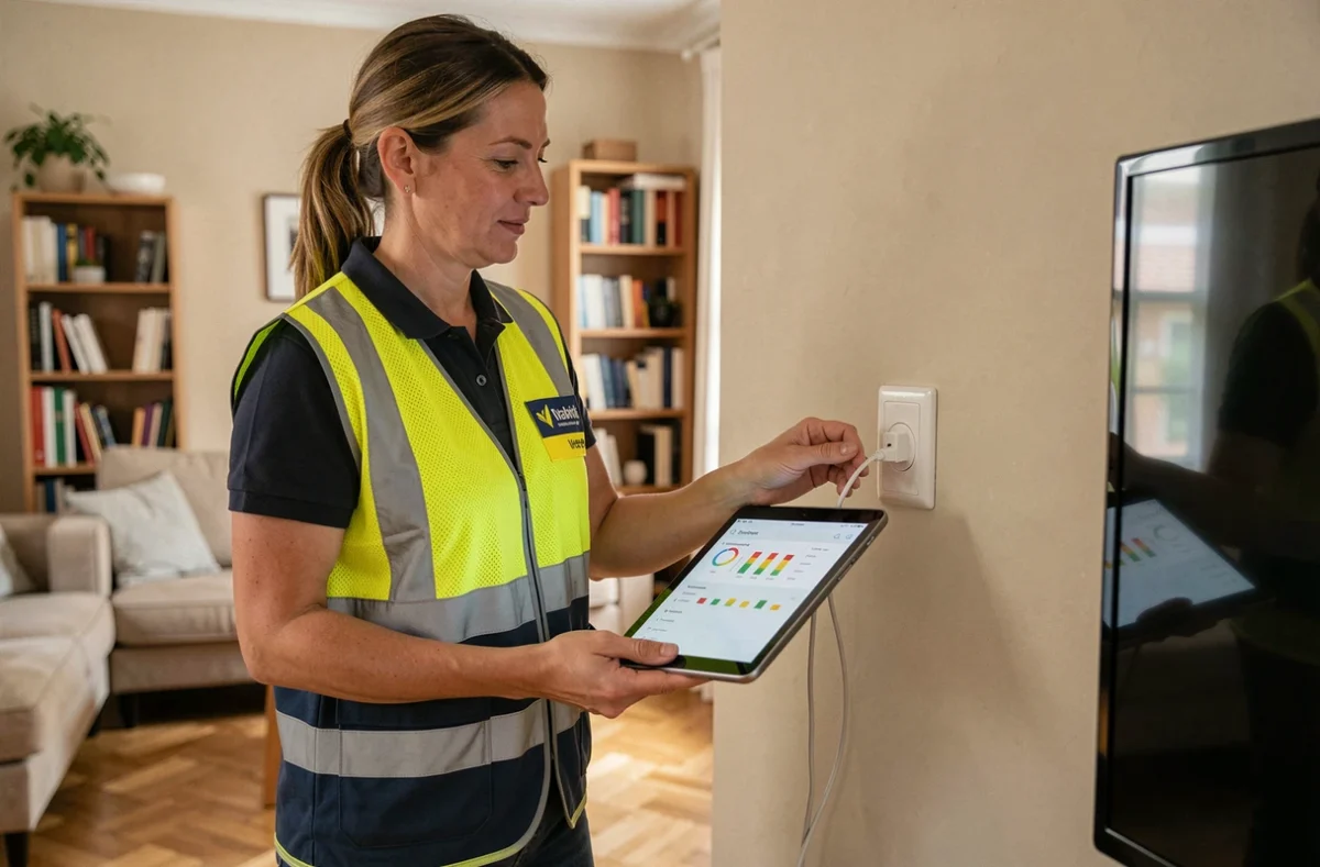 Technicienne télécoms diagnostiquant un code erreur s1 Bouygues dans un appartement en connectant un câble fibre à une prise murale