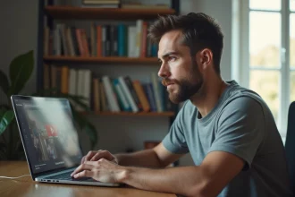 Homme consultant un site de streaming vidéo sur son ordinateur portable dans un bureau à domicile, illustrant la question du téléchargement légal de vidéos en ligne