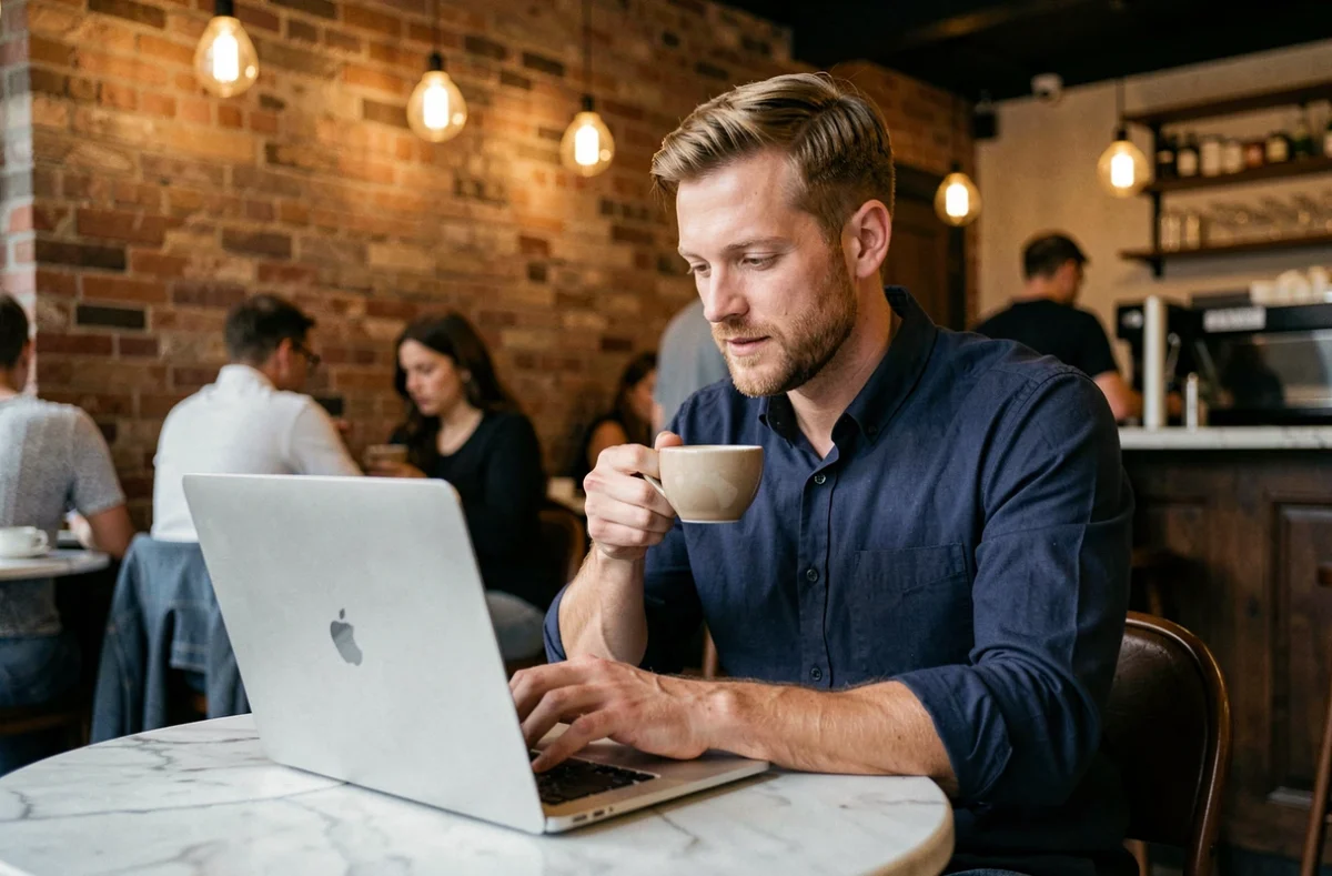 Homme en télétravail dans un café avec un MacBook Air M2 lors d'une session de travail à distance