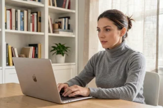 Femme en télétravail lors d'une visioconférence sur MacBook Air puce M2 dans un bureau à domicile moderne