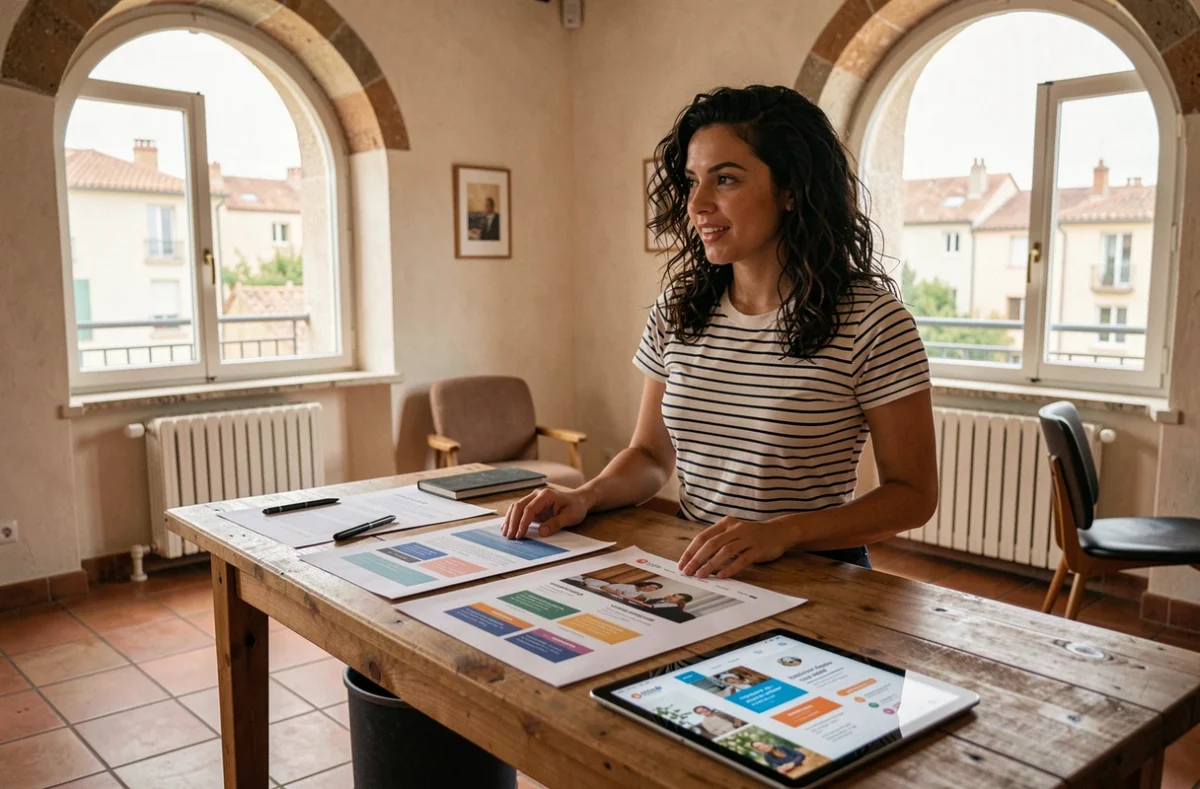 Chef de projet de l'agence Terreweb présentant des maquettes de site web dans un espace de coworking du sud de la France