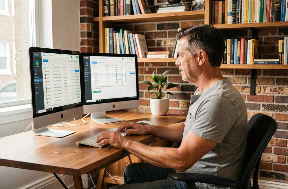 Homme en télétravail transférant de gros fichiers depuis son bureau à domicile avec une interface de partage en ligne