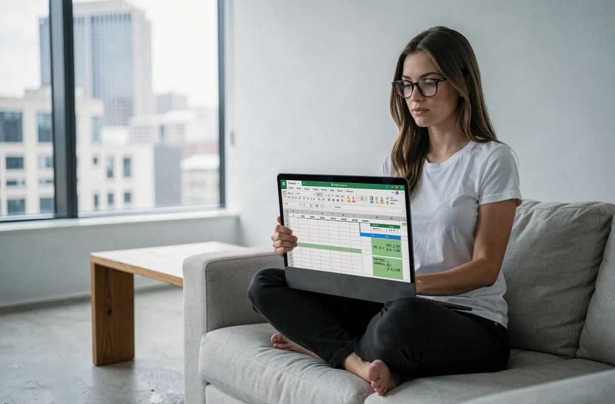 Jeune femme travaillant sur Google Sheets avec des formules de différence de dates affichées sur son ordinateur portable dans un appartement moderne