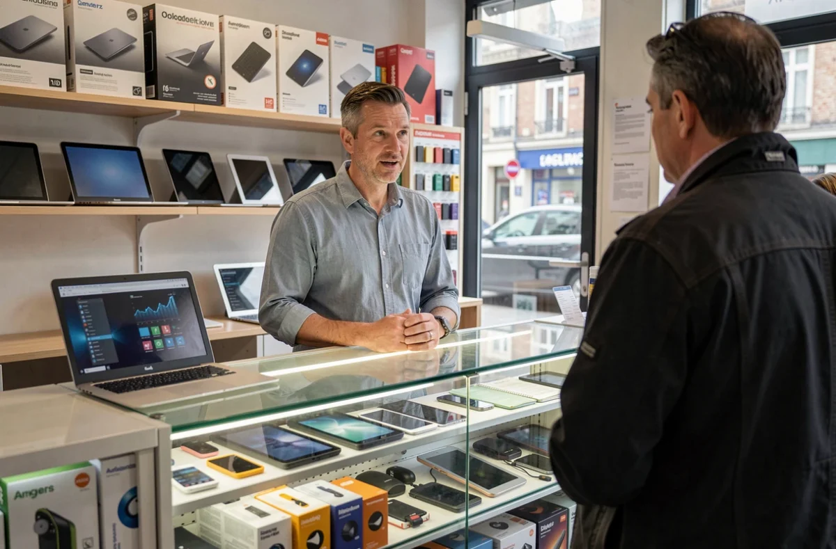 Boutique UP LINK à Angers avec un vendeur derrière un comptoir vitré présentant des laptops et des accessoires informatiques