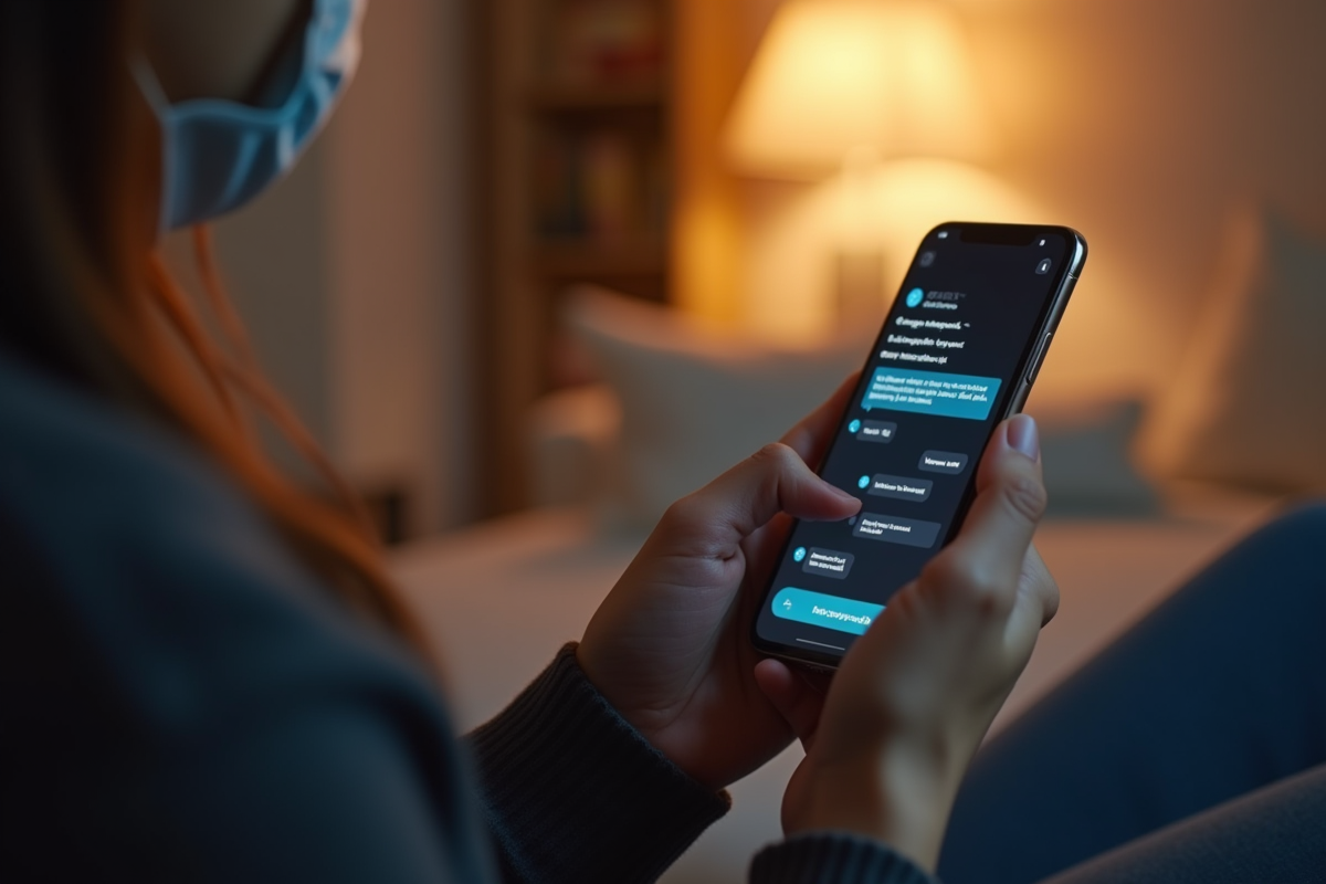 Main tenant un smartphone avec conversation chatbot dans un salon chaleureux