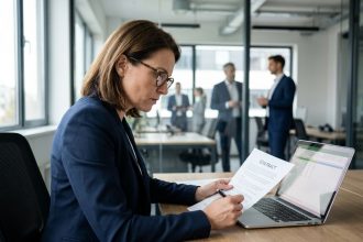 Professionnelle en blazer marine relisant attentivement un contrat informatique dans un bureau moderne avant signature