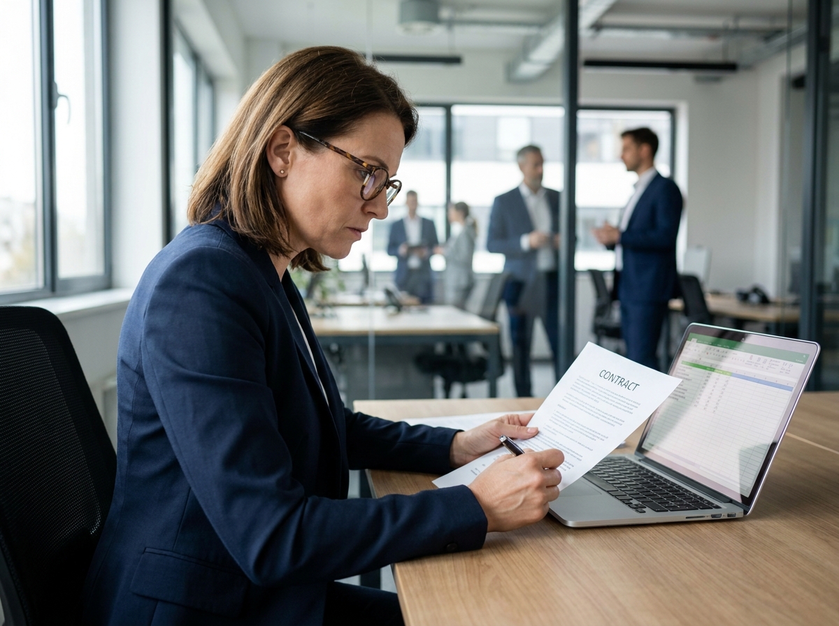 Professionnelle en blazer marine relisant attentivement un contrat informatique dans un bureau moderne avant signature