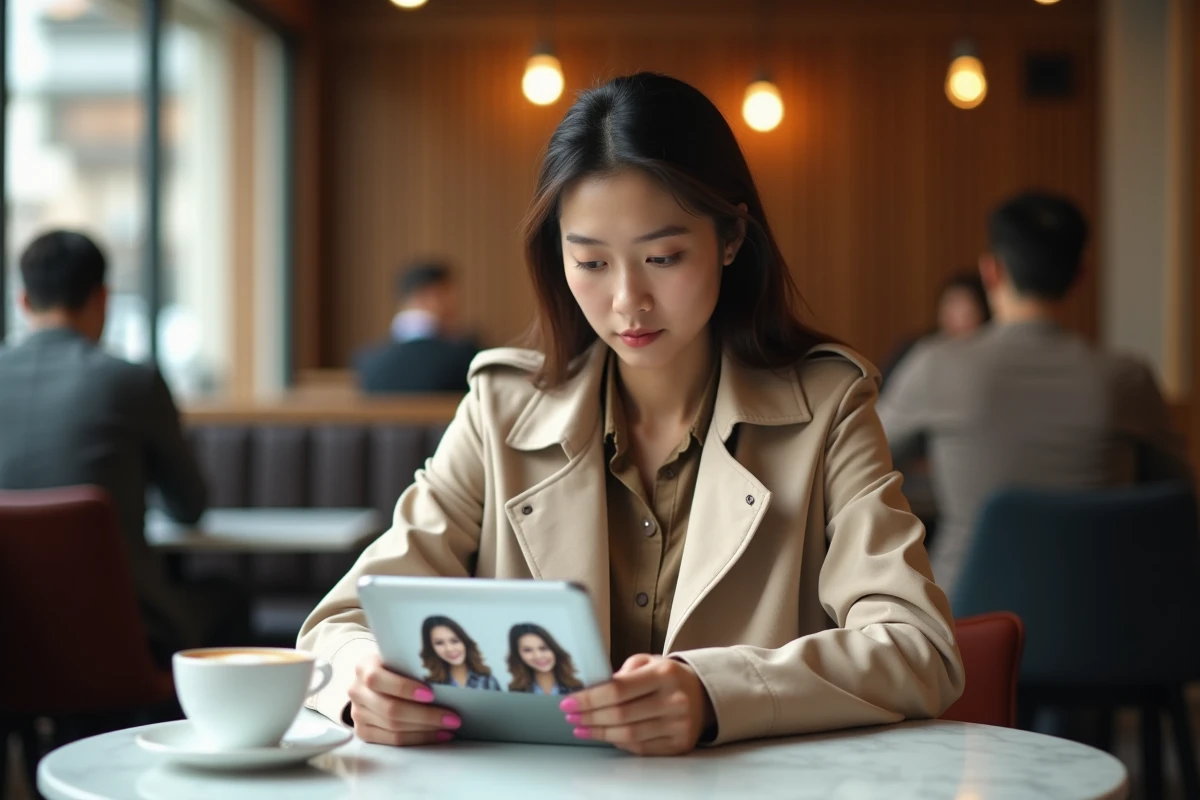 Jeune femme dans un café consultant une tablette pour comparer des photos de profil sur les réseaux sociaux, évoquant la détection d'une usurpation d'identité en ligne