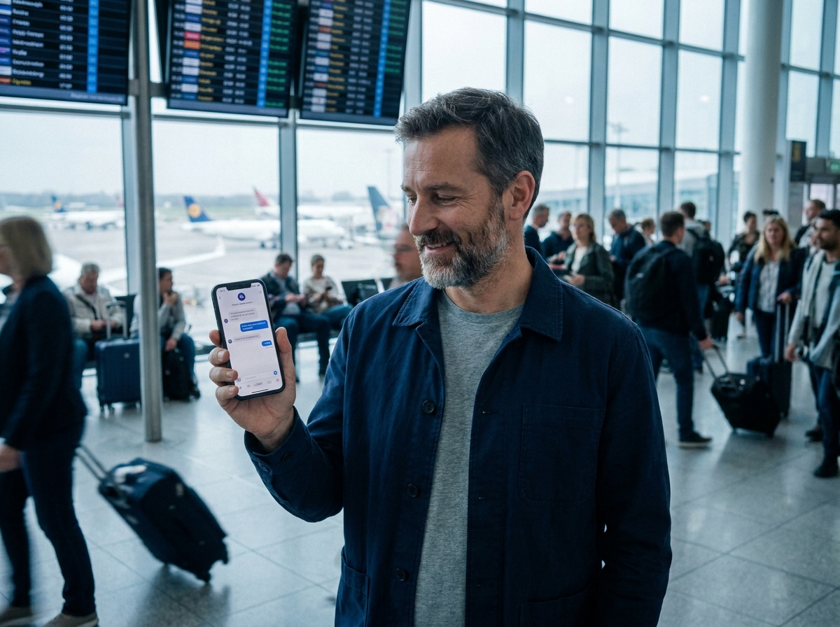Voyageur consultant un assistant virtuel sur smartphone dans un terminal d'aéroport international