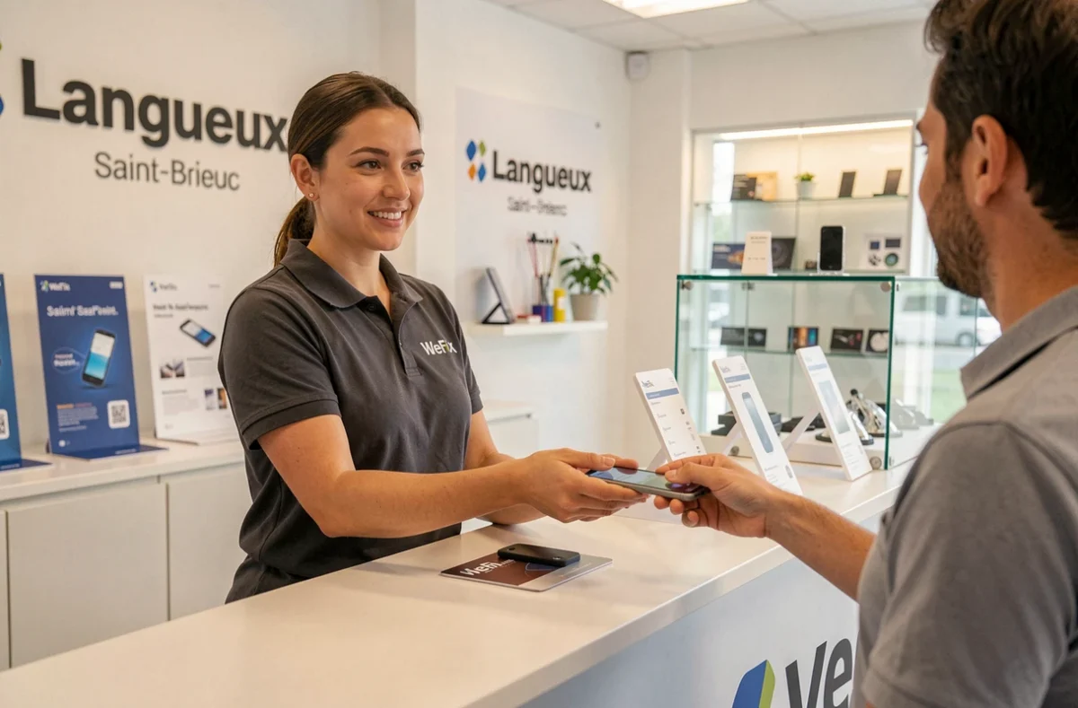 Technicienne WeFix à Langueux-Saint-Brieuc remettant un smartphone réparé à un client au comptoir