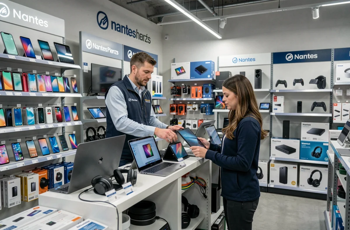 Magasin Zapping Numérique à Nantes avec des rayons de produits multimédias, smartphones et accessoires informatiques et un vendeur conseillant une cliente